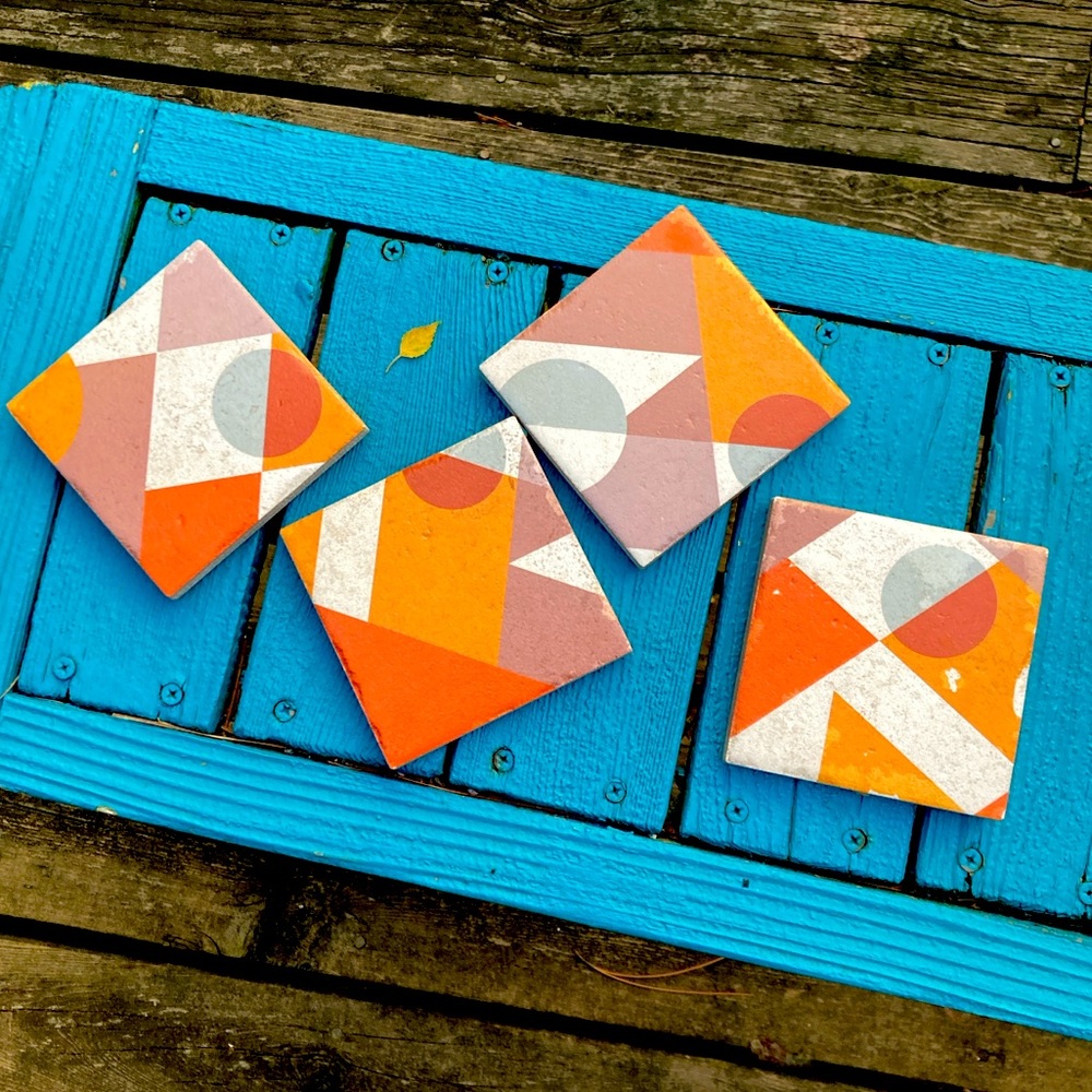 HANDCRAFTED Coasters Tiles MCM Geometric Modern Orange Blue White Brown Tan New